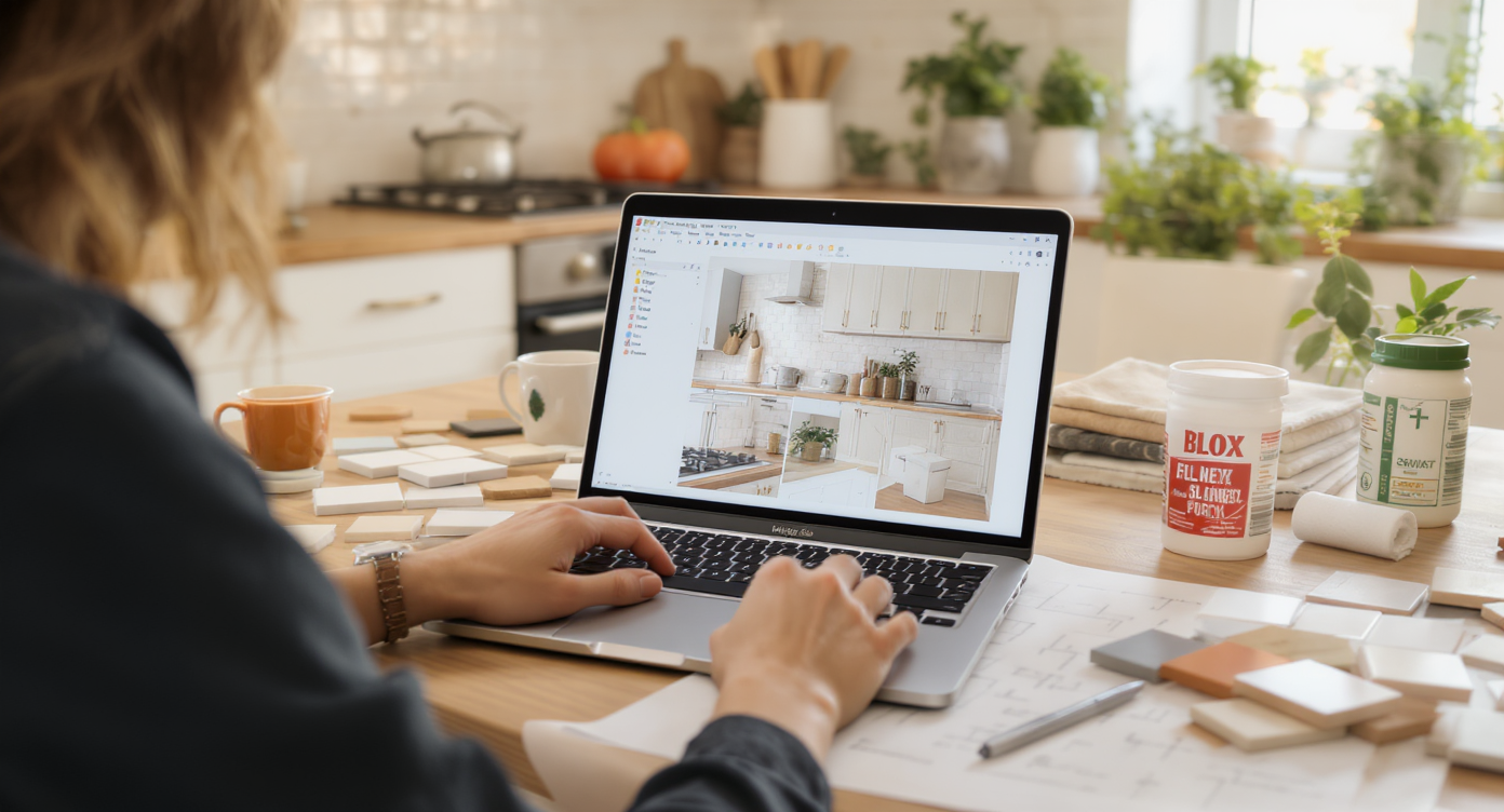 Interior designer previewing kitchen backsplash tile layouts and materials on a laptop beside actual tile samples in a bright kitchen.