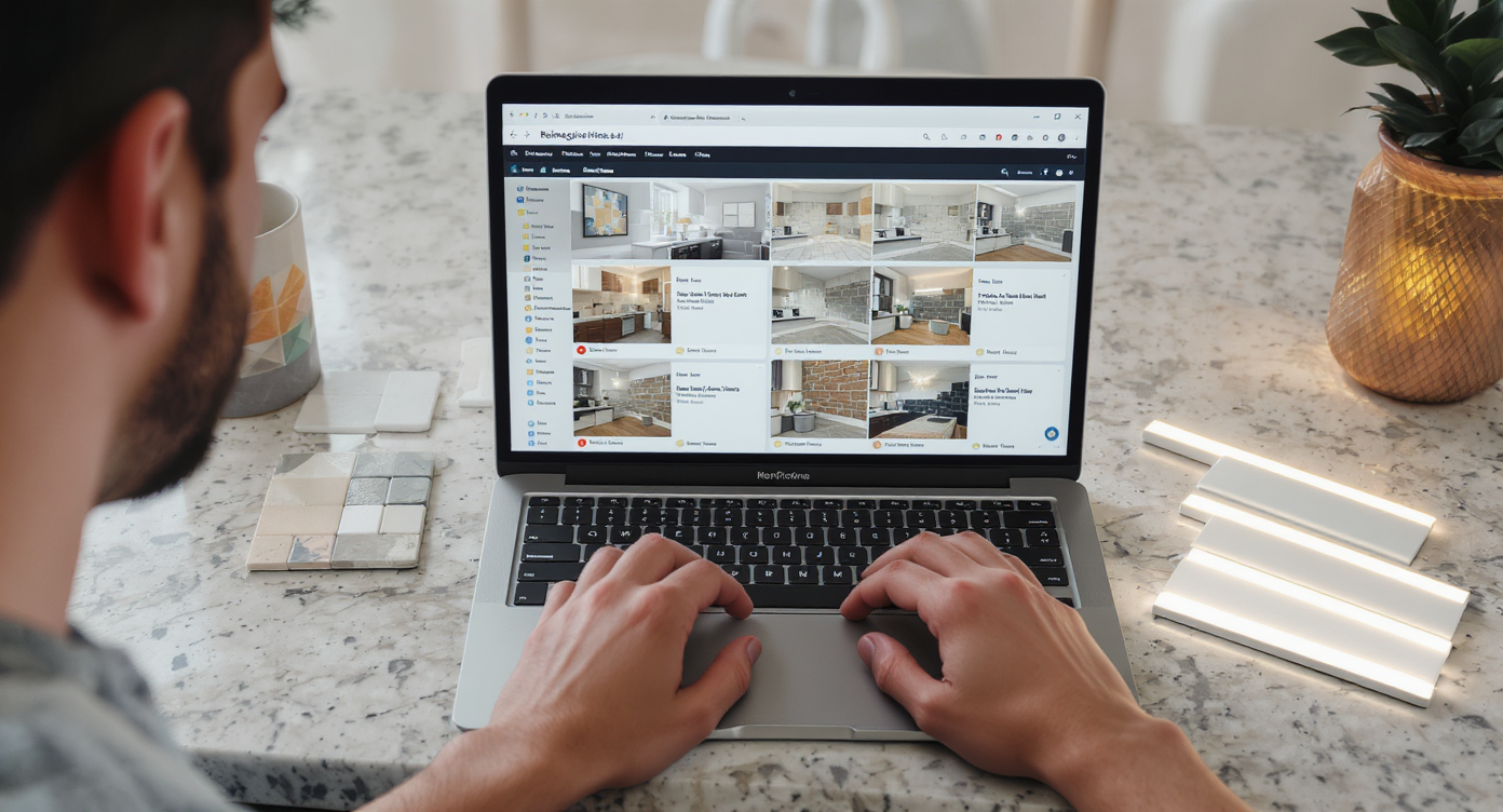 Homeowner tests kitchen tile and lighting options on a laptop using AI software, with tile samples and LED strips nearby.