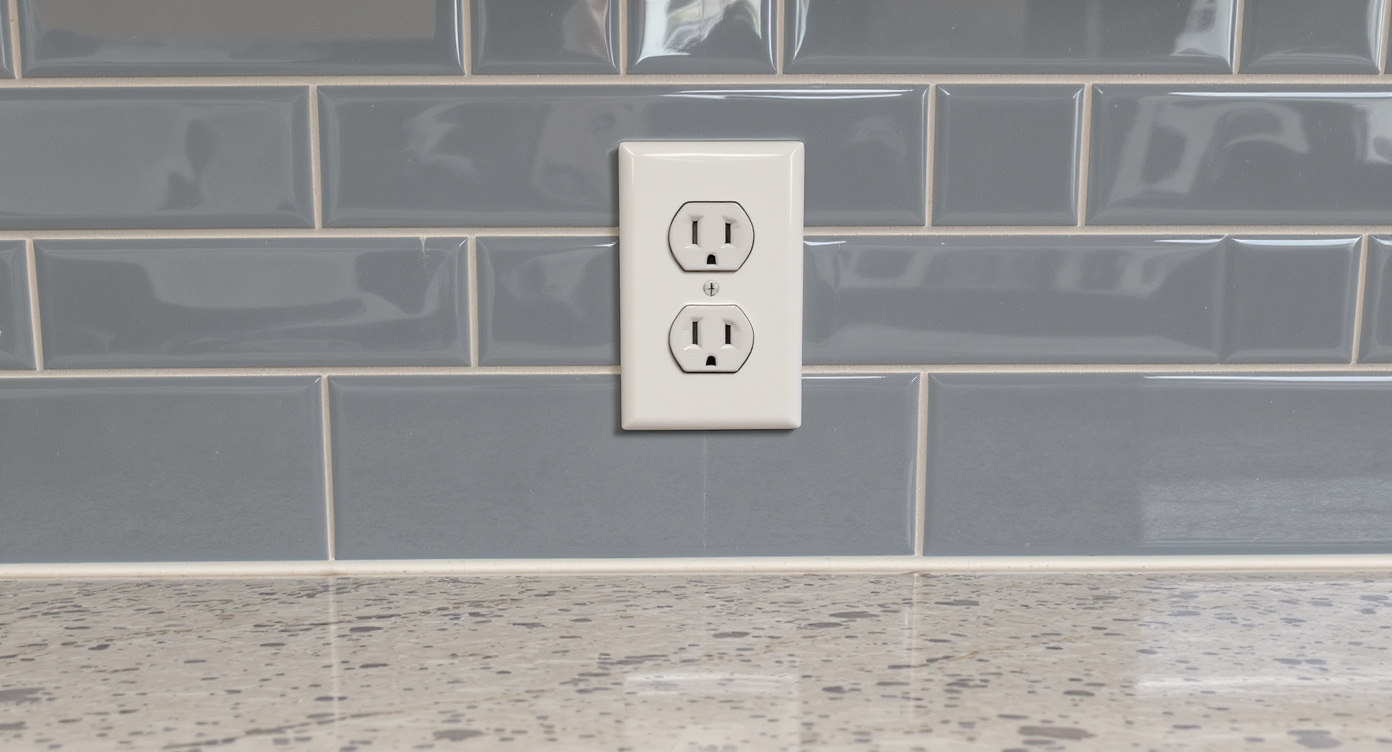 Close-up of kitchen tile backsplash with awkward tile cuts and misaligned grout around an outlet, demonstrating layout challenges.