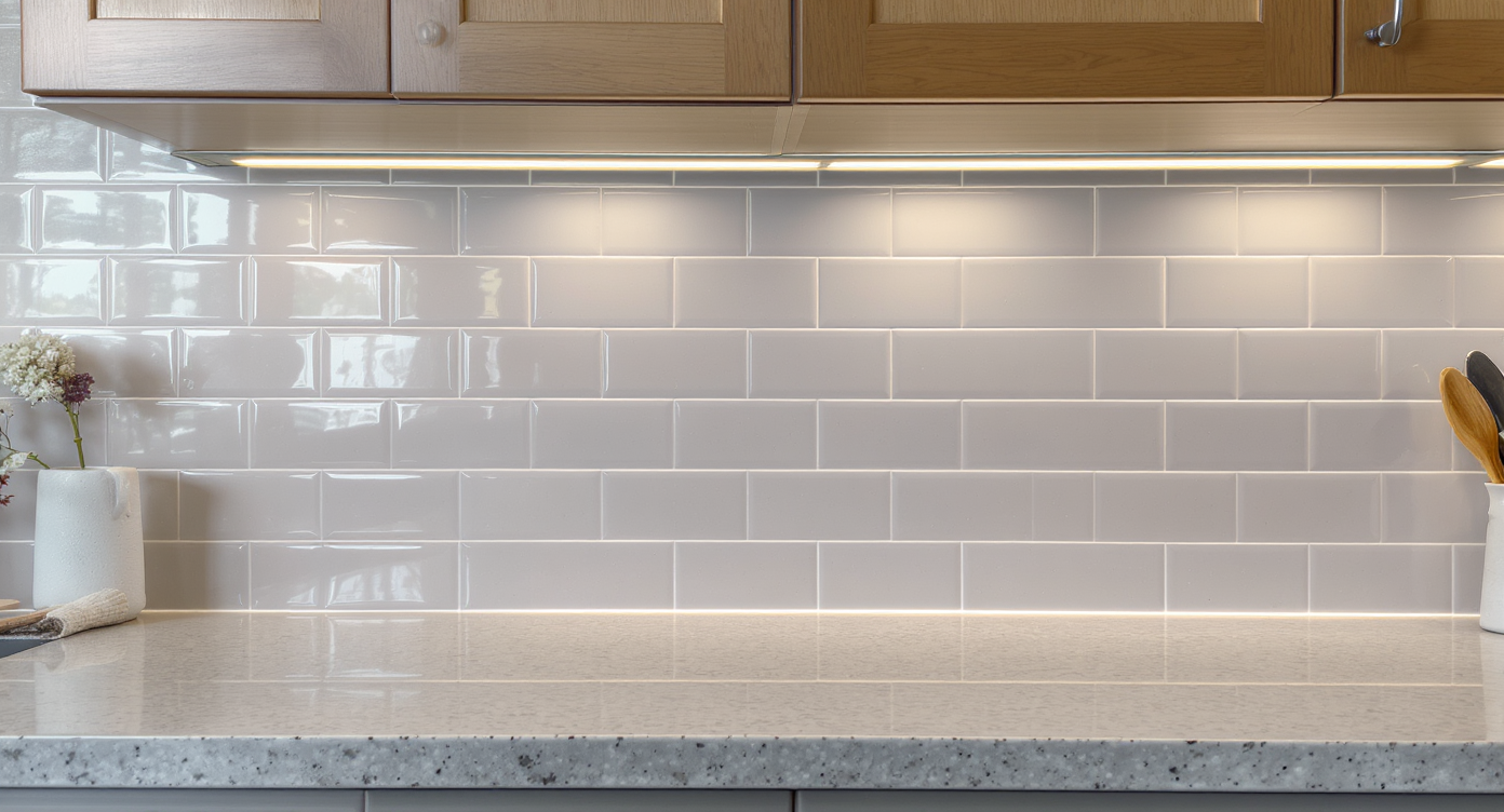 Kitchen backsplash showing neat caulk joints and seamless tile edging with soft under-cabinet lighting illuminating the surface.