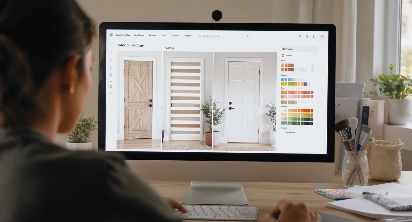 Designer’s desk with computer showing varying rainbow doorway paint designs on ReimagineHome.ai, surrounded by color swatches and design books.
