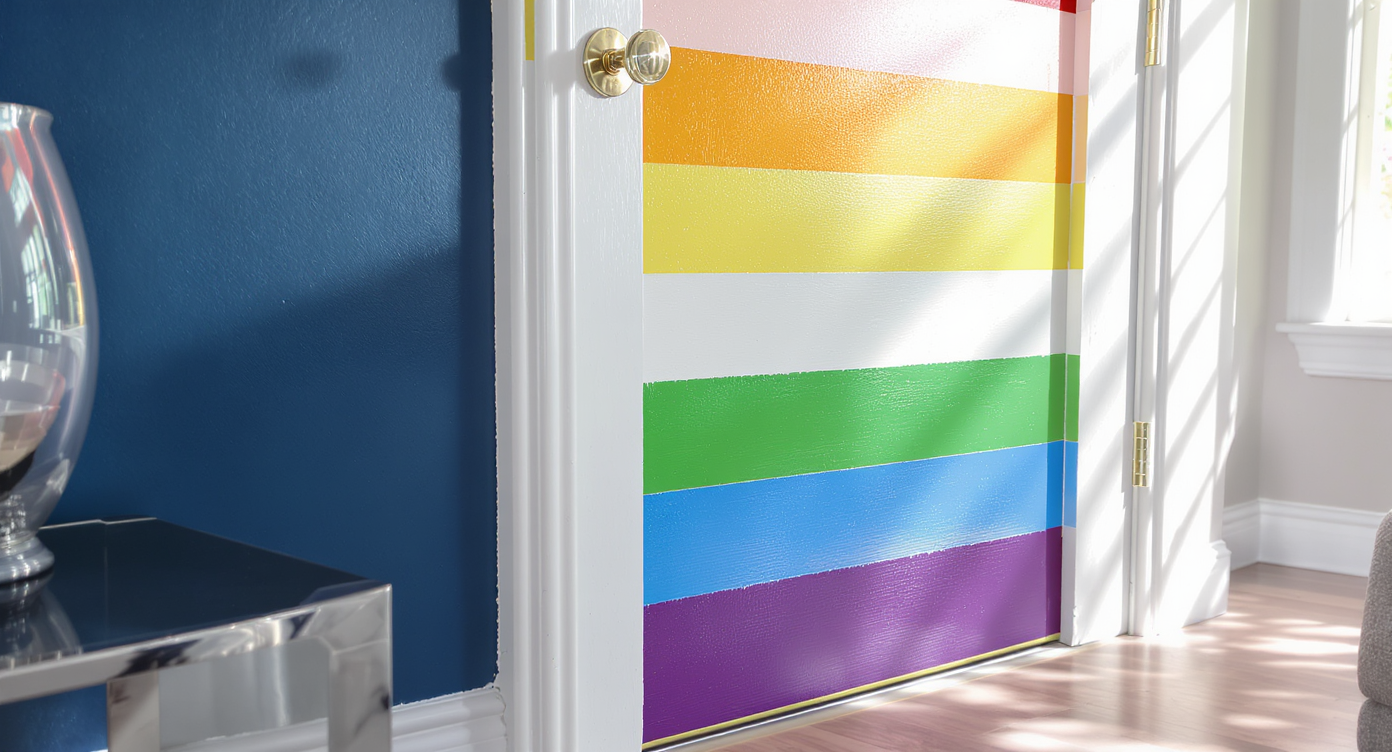 Close-up of a rainbow-painted doorway with clean, crisp edges and well-sealed painter’s tape next to complementary blue furniture and walls.