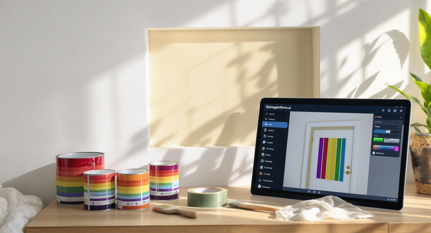 Painting supplies and a digital device showing ReimagineHome.ai previewing rainbow doorway stripe options in a well-lit DIY space.