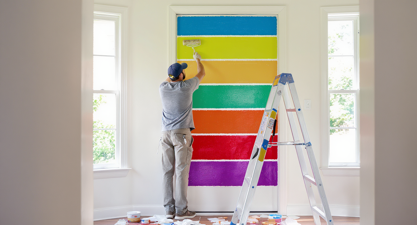 Homeowner carefully painting vibrant rainbow stripes on a taped doorway in a well-lit room during a DIY project.