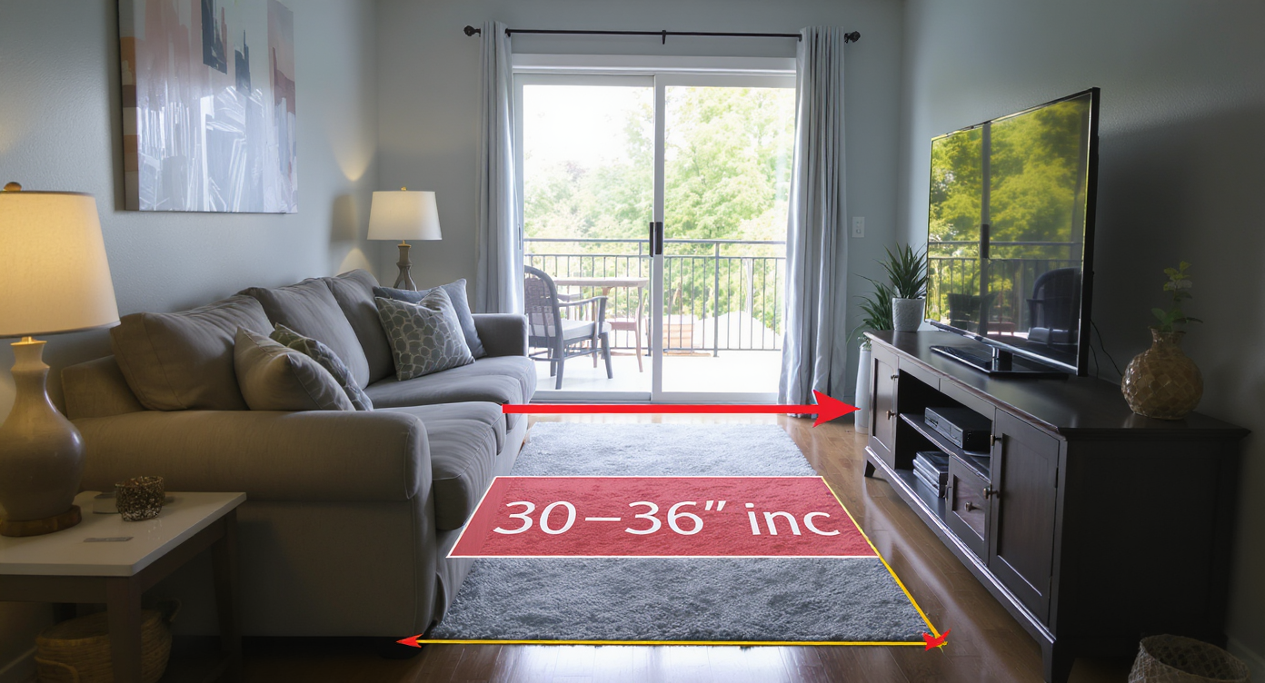 Cramped narrow living room with oversized sectional blocking walkway and low TV on a deep console, showing tight spacing issues.