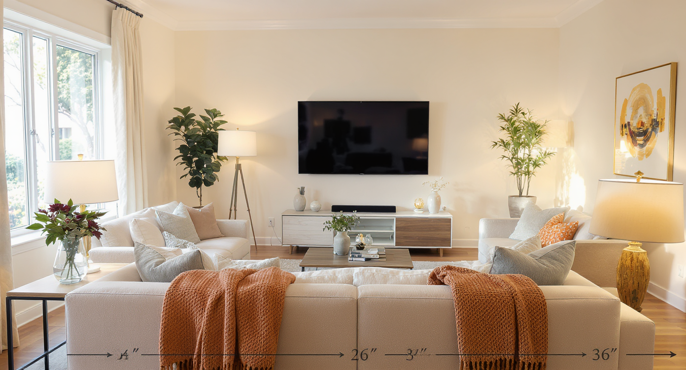 Well-arranged living room with coffee table 14-18 inches from sofa, slim media console, clear walkways, and layered warm lighting.