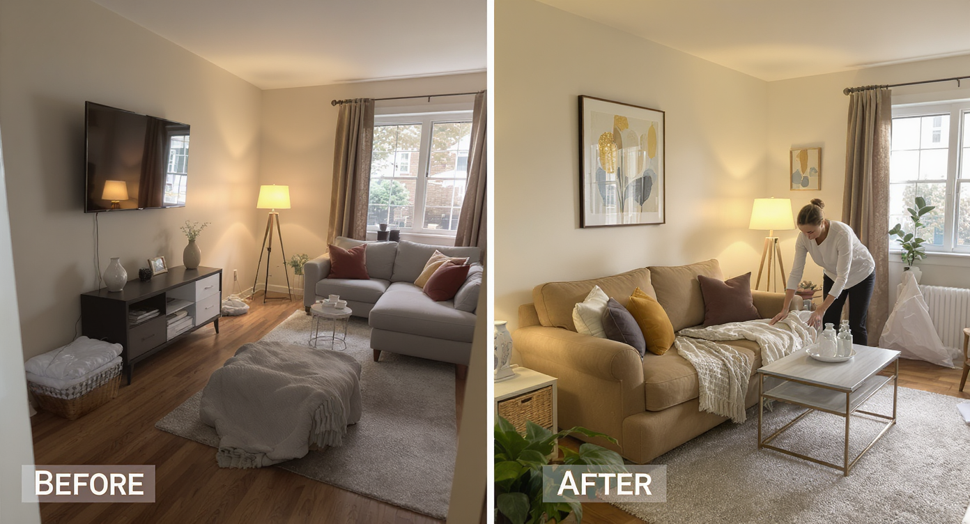 Homeowner adjusts pillows in a long narrow living room featuring raised TV, slim console, single sofa, clear walkways, and warm layered lighting.