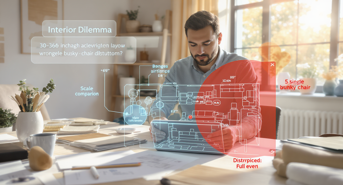 Interior designer reviewing living room layout on digital tablet highlighting clear paths and problematic bulky chair, with fabric samples and sketches.