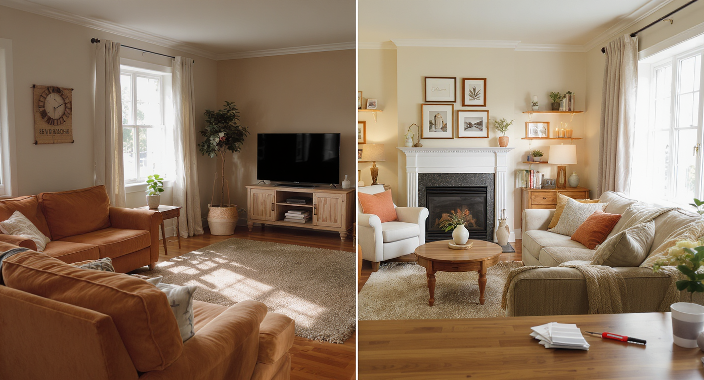 Split view of living room before and after AI-assisted redesign with decluttered layout, balanced wall art, and layered lighting.