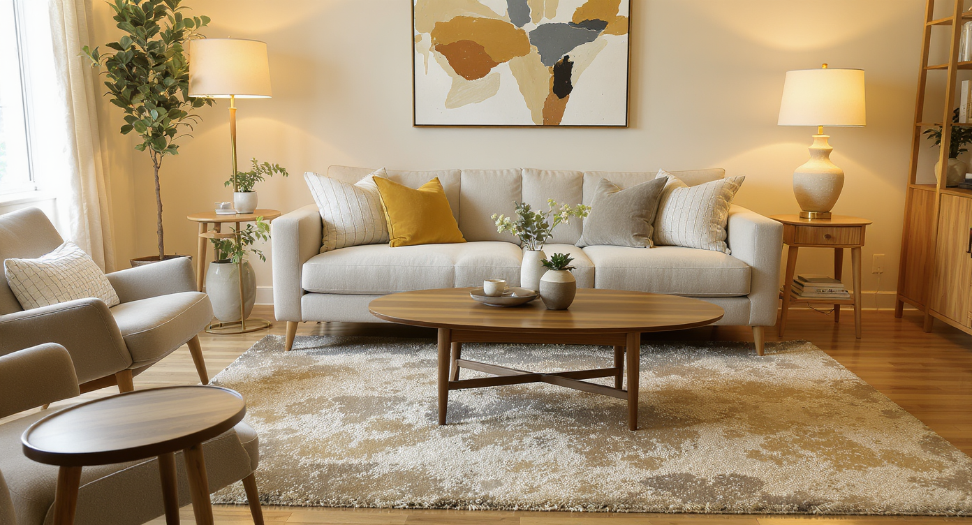 Contemporary living room showing coffee table 16 inches from sofa, oval shapes soften edges amid layered warm lighting.