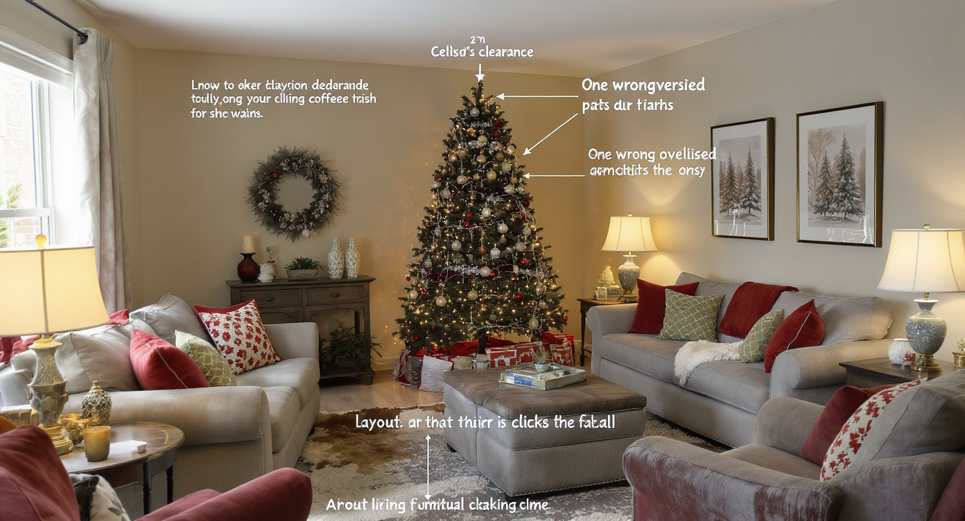 Crowded small living room with oversized armchair, tall Christmas tree nearly touching ceiling, blocked walking path, and tight furniture spacing under daylight.