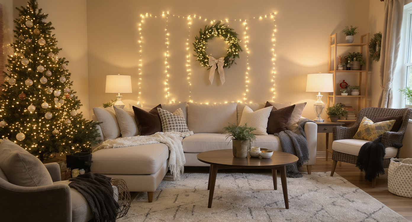 Holiday living room showing coffee table 16 inches from sofa, intentional area rug, layered warm lighting, and rental-friendly decor in natural light.