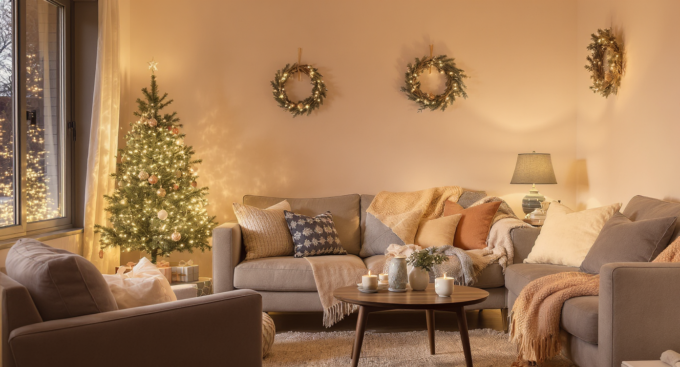 Cozy small living room with a small decorated tree, clear walking paths, warm layered lighting, and pet-friendly holiday decor in natural light.