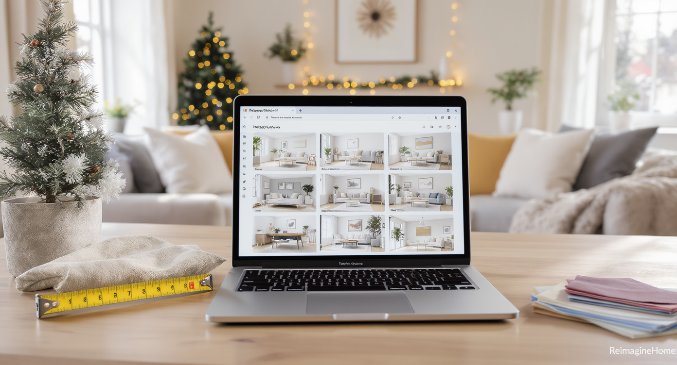 Homeowner using laptop with ReimagineHome.ai showing holiday room layouts, surrounded by measuring tape and fabric swatches in a bright living room.