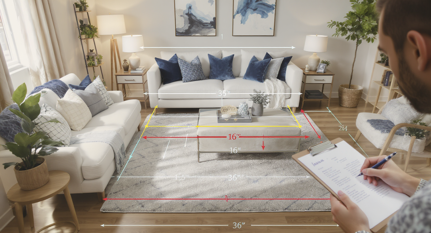 Living room showing spacious furniture layout with clear pathways and balanced scale, designer taking notes.