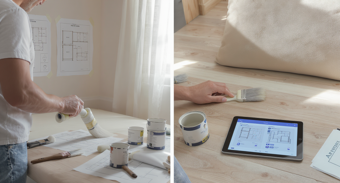 Homeowner painting furniture with primer and paint, with tablet showing AI before-and-after room previews.