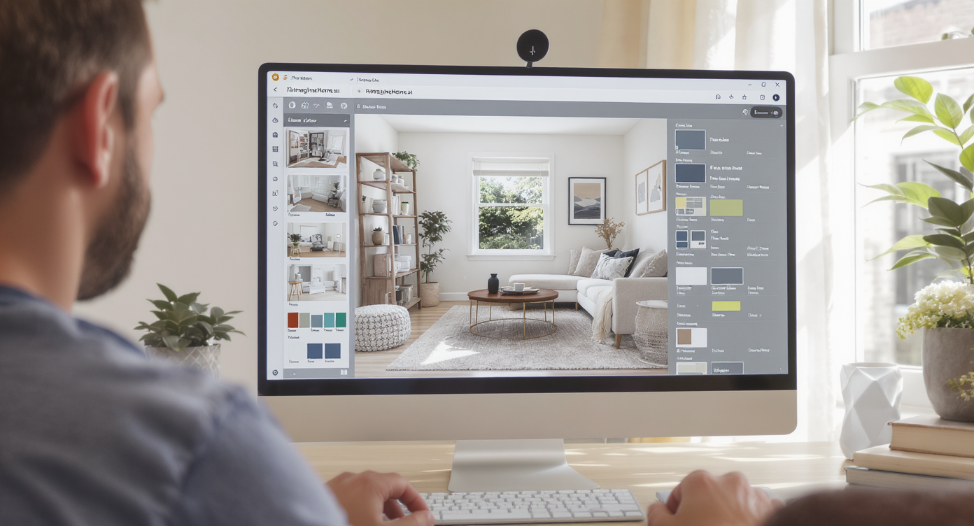 Home office with computer showing AI tool testing furniture layouts and styles, homeowner engaged and smiling.