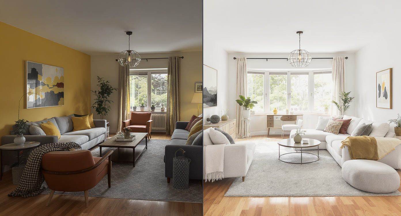 Split-view room showing chaotic maximalist decor on one side and calm, simplified styling with clear space on the other.