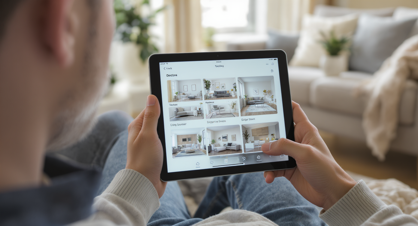 Homeowner using tablet to explore AI-generated interior layouts and styles in a calm, contemporary living room.