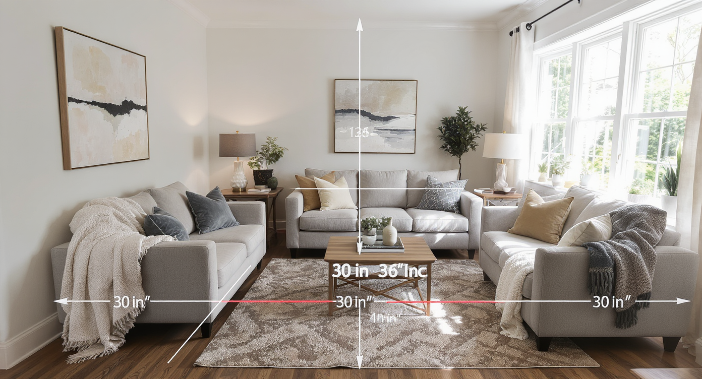 Living room demonstrating spacious layout with clear walking paths and one oversized sofa disrupting balance and flow.