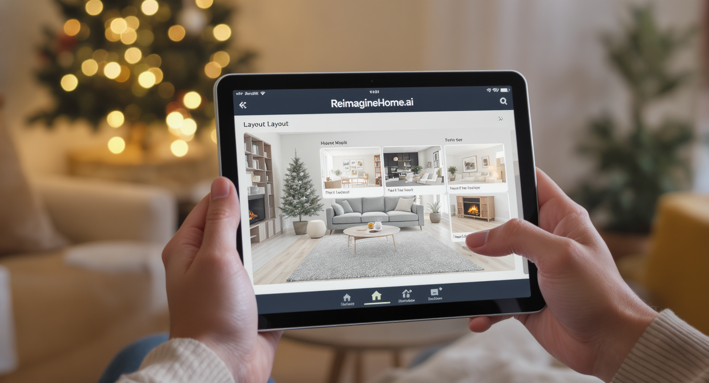 Homeowner using a tablet with ReimagineHome.ai software previewing holiday layouts over real living room in the background.