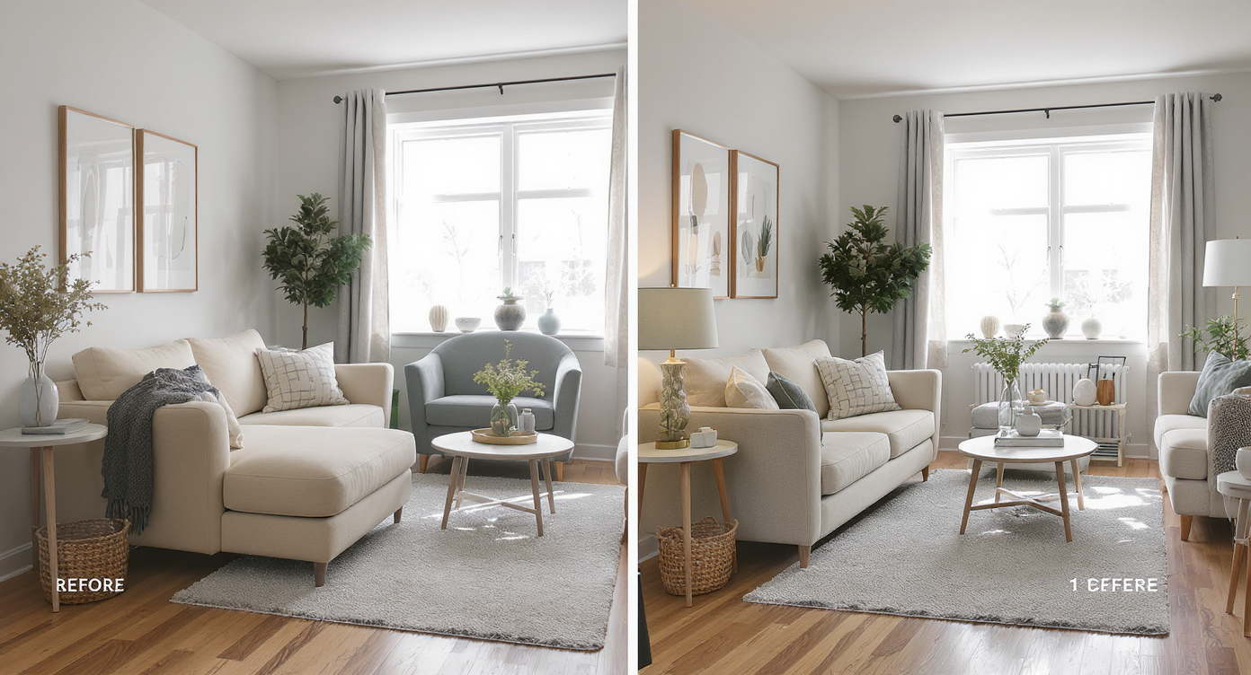 Small living room before and after layout fix showing bulky armchair blocking path versus clear 30-inch walking space.