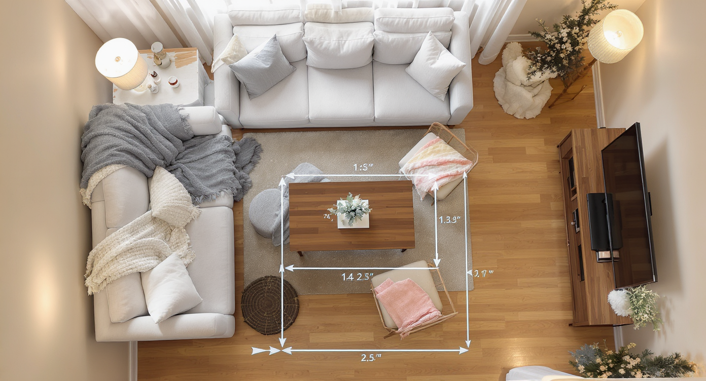 Overhead view of compact living room with coffee table properly spaced, well-sized rug, and ideal TV distance.