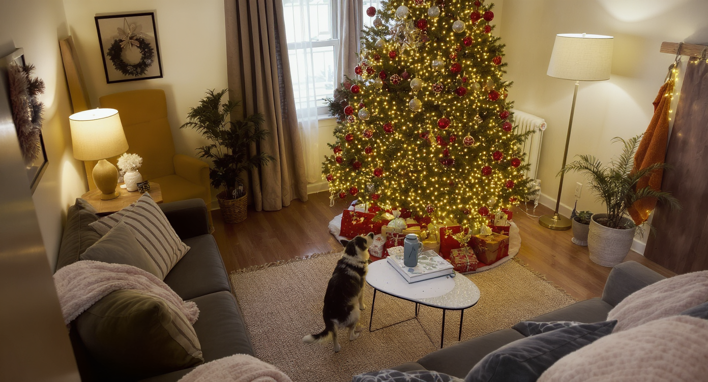 Small living room with medium Christmas tree, layered warm lighting, pet-friendly and rental-safe decorations shown from elevated angle.
