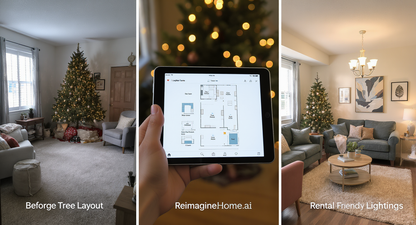Triptych of small living room showing before with clutter, digital layout planning, and after with optimized holiday setup.