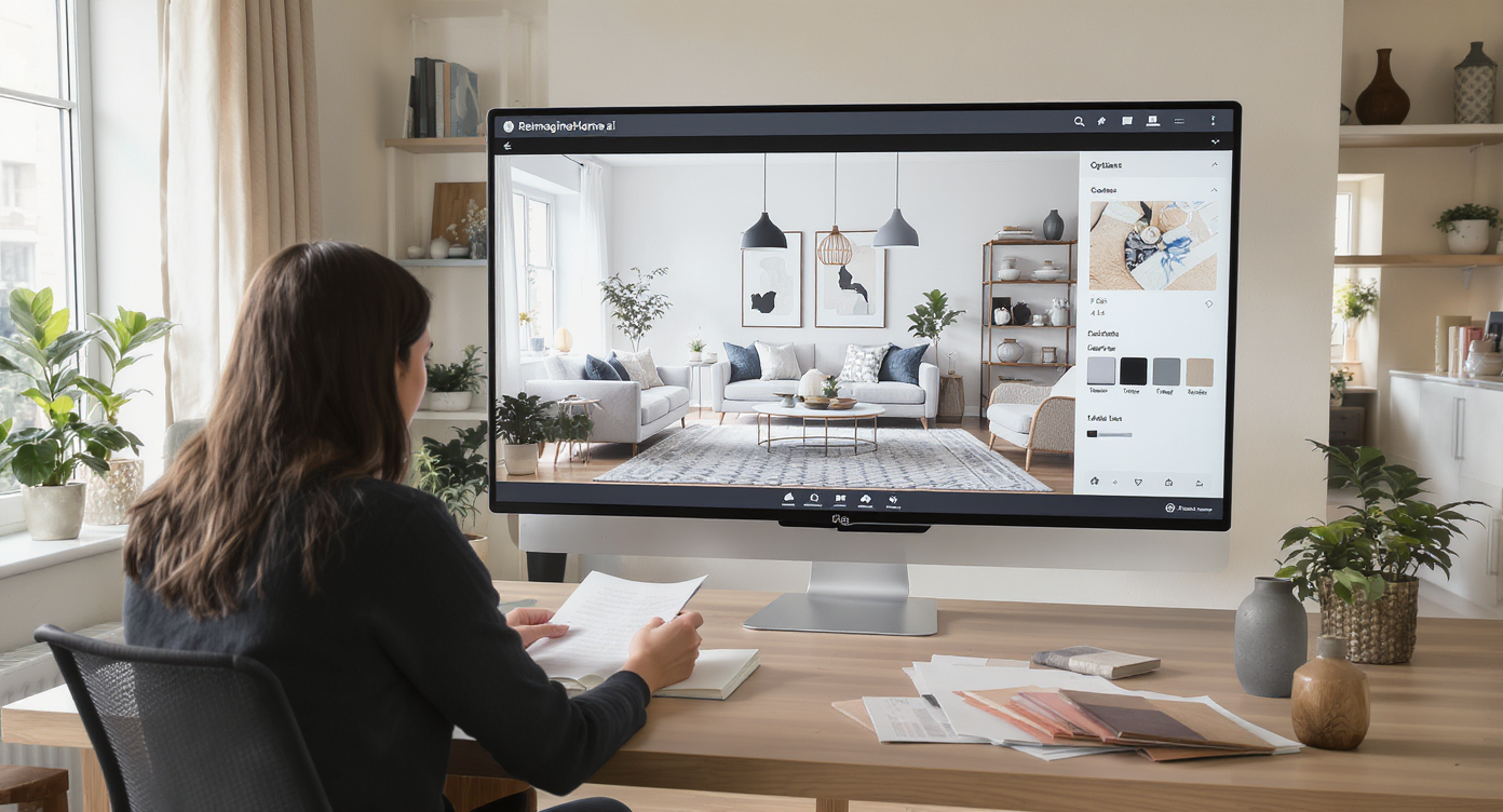 Designer using AI software to preview living room layouts and styles in a bright, organized office space.