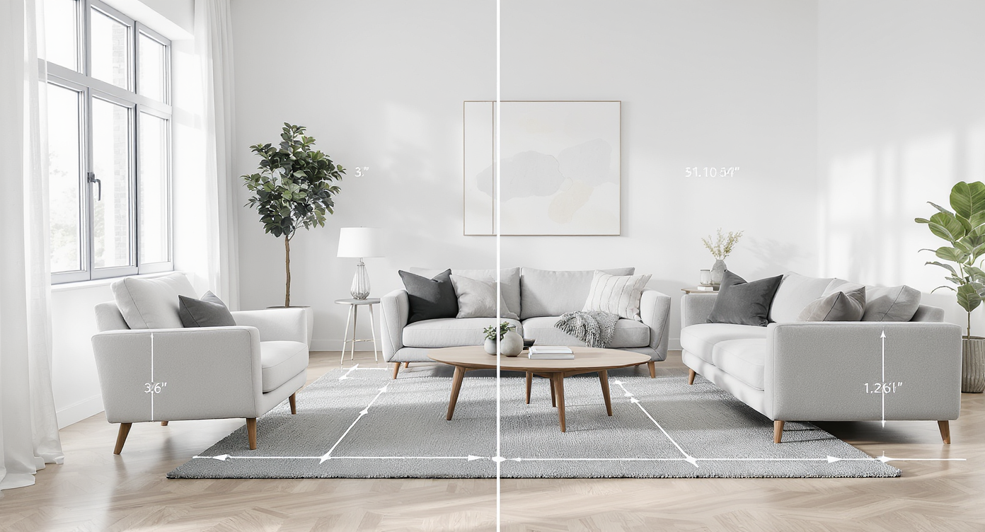 Minimalist living room with well-spaced furniture highlighting clear walking paths and balanced scale.