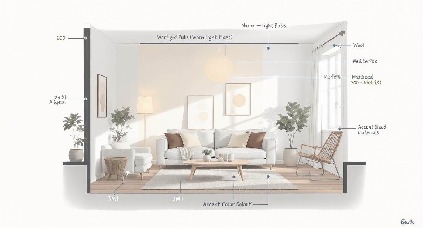 Illustration of a minimalist living room with callouts for warm lighting, textures, rug scale, and accent color.