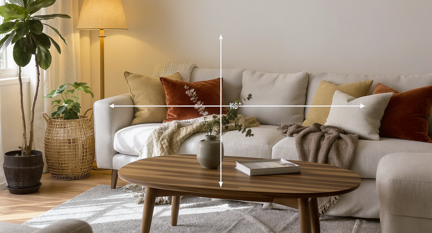 Minimalist sofa and coffee table spaced correctly with accent cushions, warm wood, layered lighting, and plants.