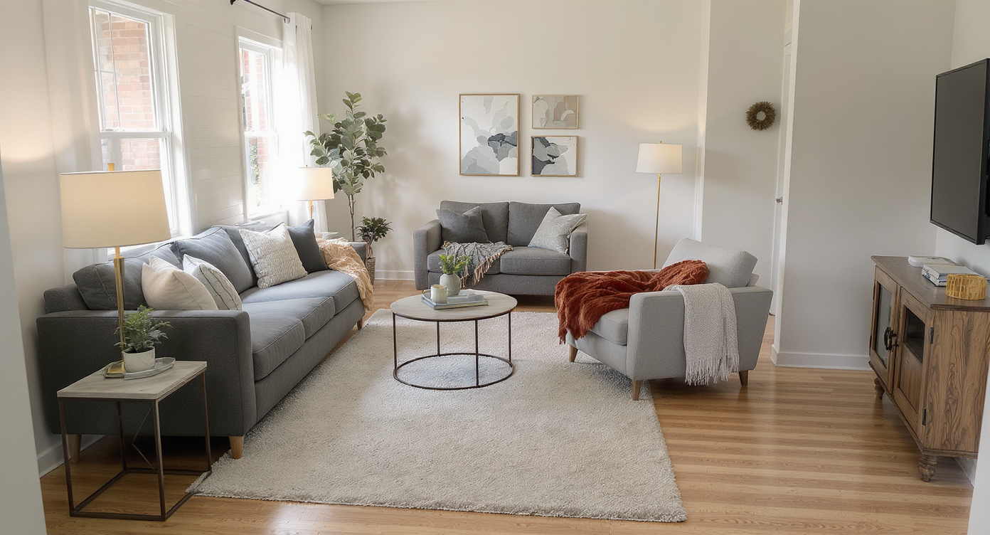 Small living room with balanced furniture layout and one bulky chair narrowing walking path; natural light highlights room scale.