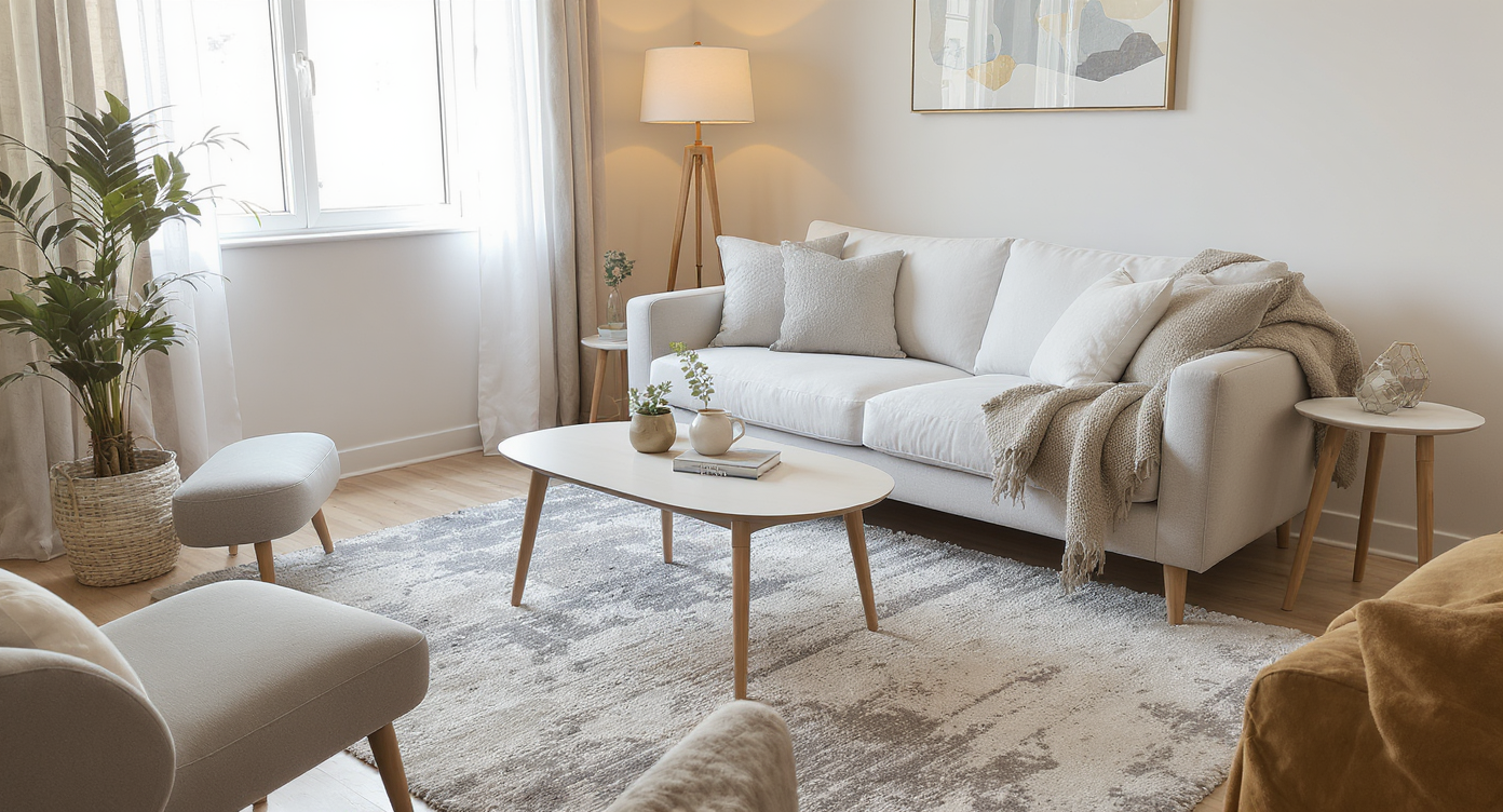 Cozy living room corner with coffee table spaced 15 inches from sofa, warm floor lamp, and natural light.