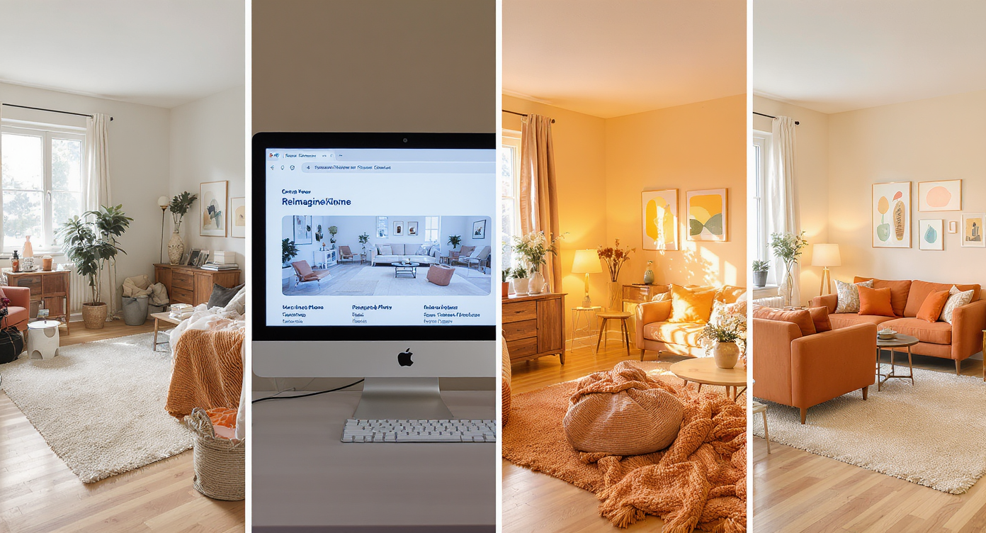 Four-step visual sequence of AI-assisted room makeover from cluttered to warm minimalist with improved layout.