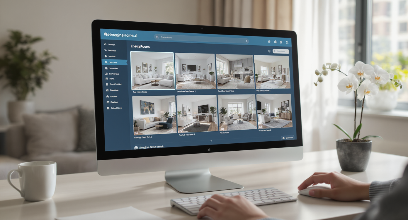 Designer using ReimagineHome.ai on computer to preview multiple living room layouts and styles digitally.
