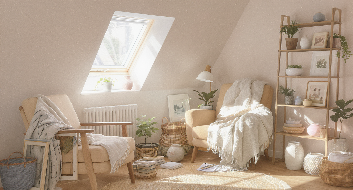 Cozy compact room with personal textiles, art tubes, and collectibles illuminated by soft daylight.