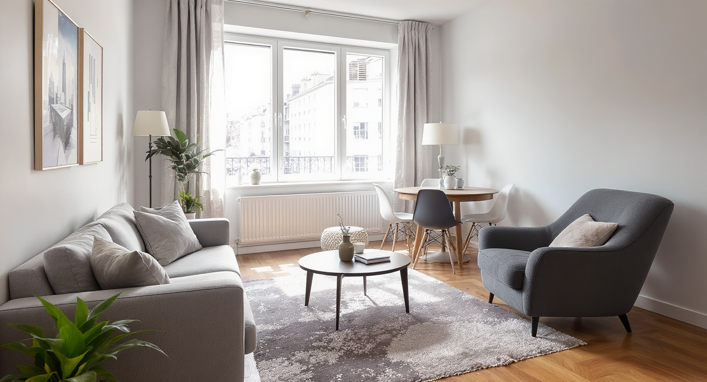 Compact European apartment room with well-spaced furniture and one oversized armchair disrupting flow.