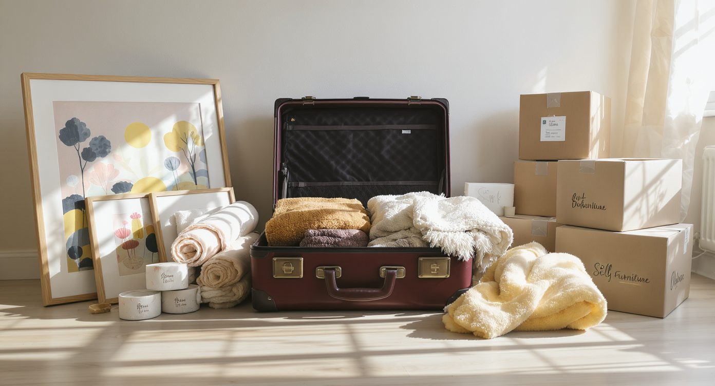 Packing scene with rolled art tubes, folded textiles, and labeled boxes in a cleared, sunlit living space.