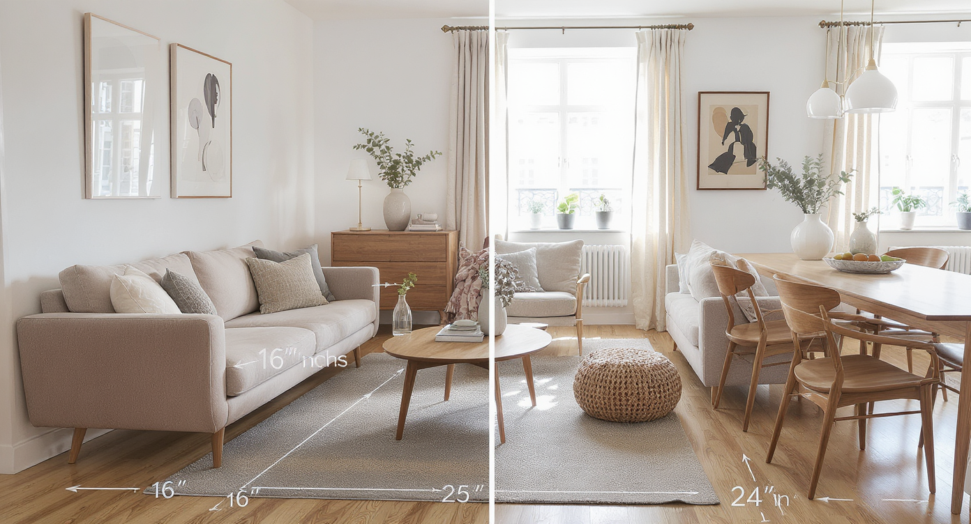 Living room showing coffee table 16 inches from sofa and dining chairs 24 inches from table in bright space.