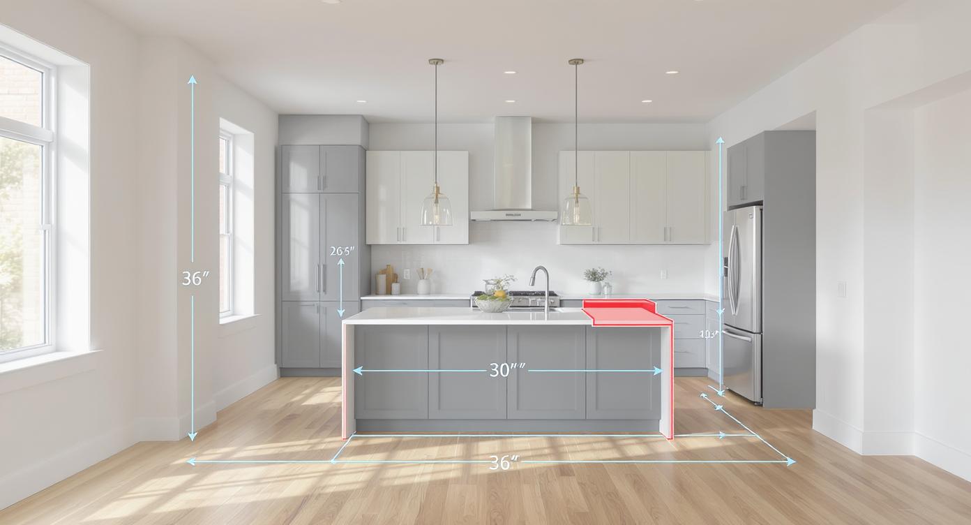 3D kitchen layout showing walking aisles and one oversized cabinet highlighted, illustrating layout and scale issues.