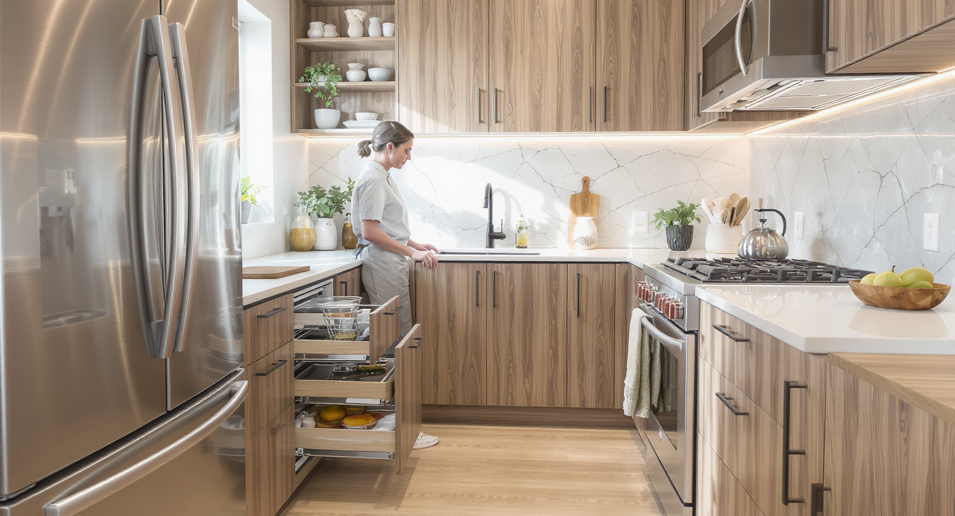 Small kitchen with narrow stylish cabinetry and fixtures, showcasing ergonomic 36-inch aisle space and user interaction.