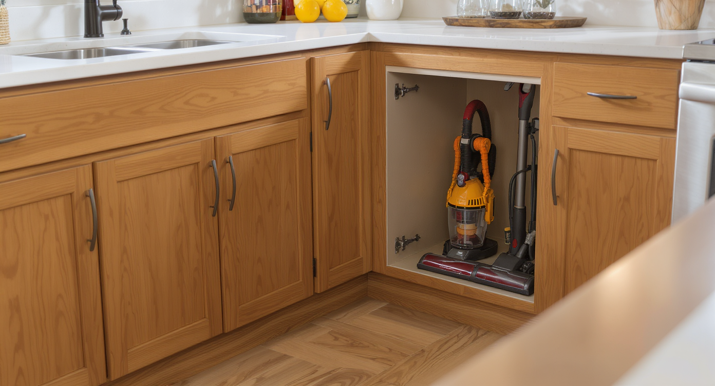 Cozy kitchen corner with stick vacuum stored in a plinth nook, warm wood cabinets, and a white countertop under soft light.