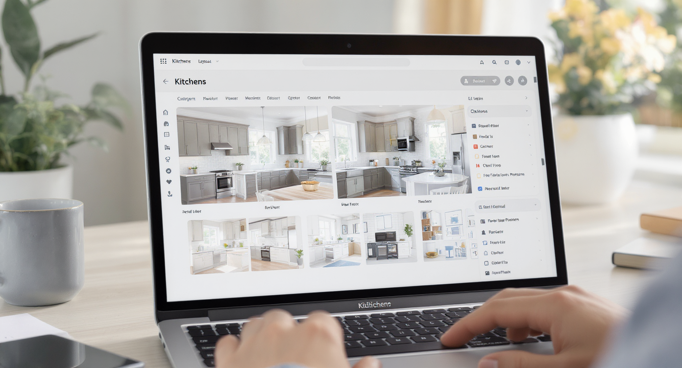 Laptop displaying multiple kitchen layout renderings with a hand navigating options, set in a bright home office corner.