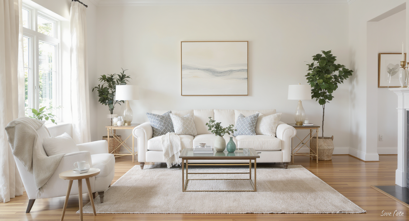 Serene living room with balanced patterns, neutral rug, cream sofa, and clear walkways under soft natural light.
