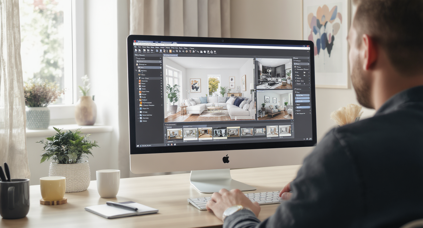 Person using digital interior design software on a computer, exploring different layouts in a bright home space.