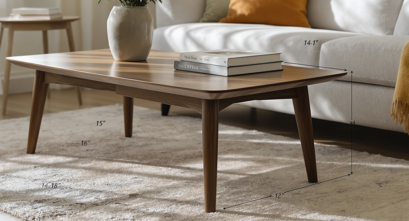 Coffee table placed 14–18 inches from sofa on neutral rug with natural light highlighting textures and scale.