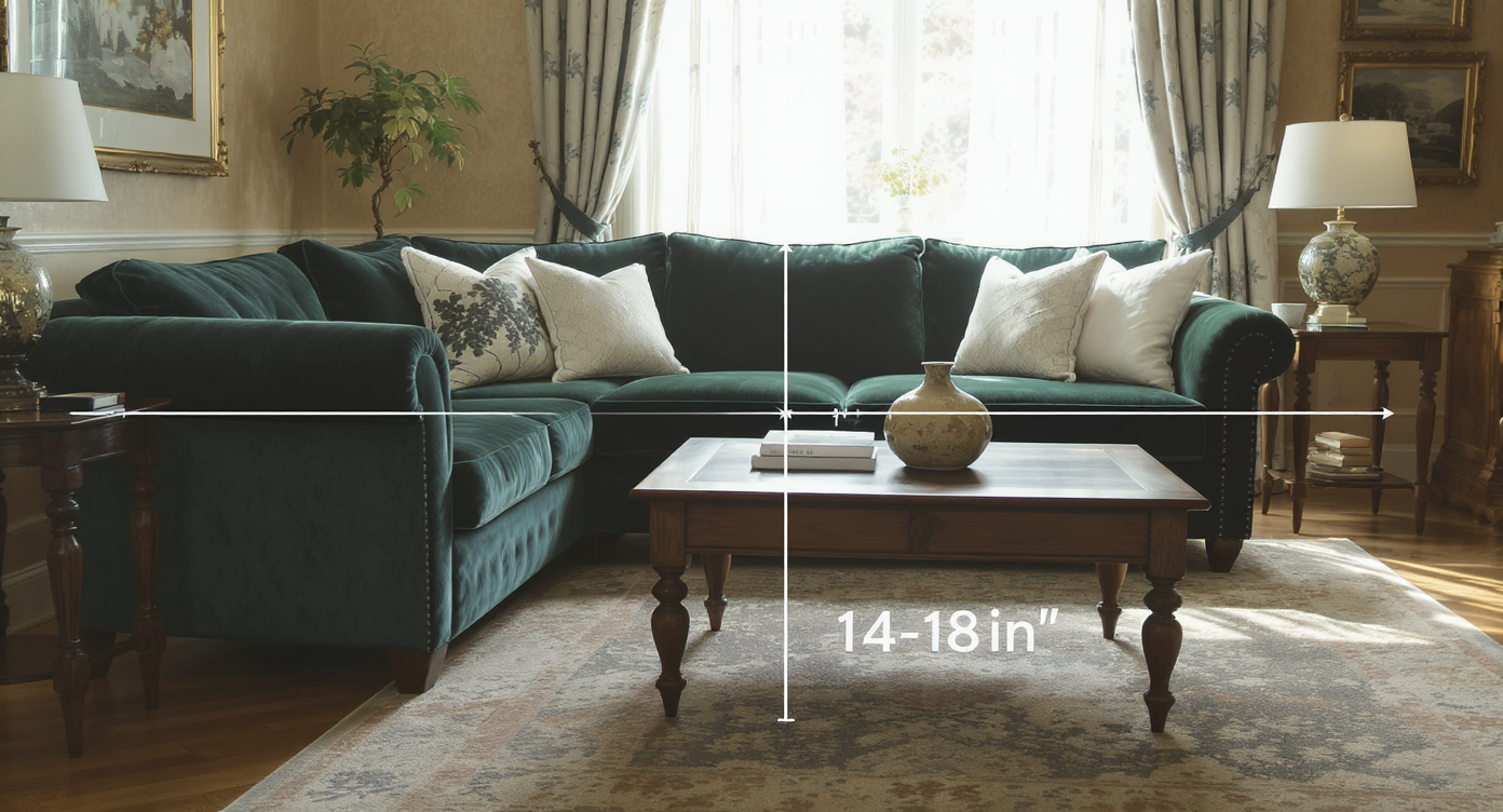 Living room with green velvet sofa and wooden coffee table showing ideal spacing and harmony in natural light.