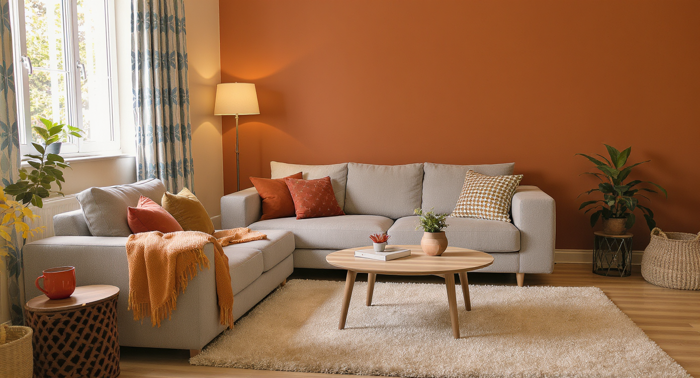 Small living room interior showing furniture arrangement, colorful cushions, and muted walls with patterned accents.